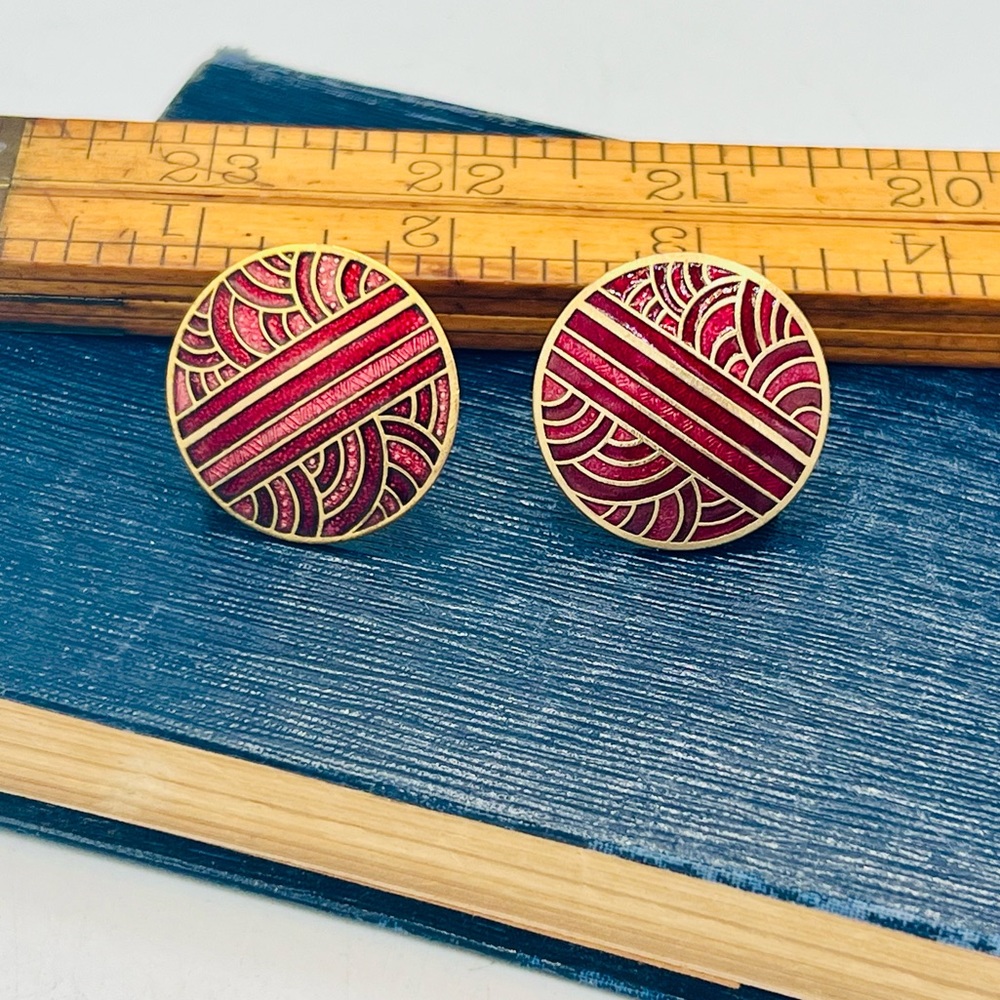 Vintage red & coral pink cloisonné pierced earrings 1990s geometric pattern